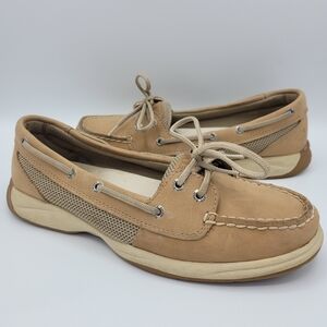 Sperry Top Sider Leather Laguna Tan Linen Slip On Boat Shoes Casual Women's 9